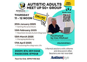 Free informal online sessions with a theme and a discussion afterwards for autistic adults aged 50+, facilitated by Cos MIchael