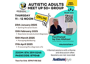 Free informal online sessions with a theme and a discussion afterwards for autistic adults aged 50+, facilitated by Cos MIchael